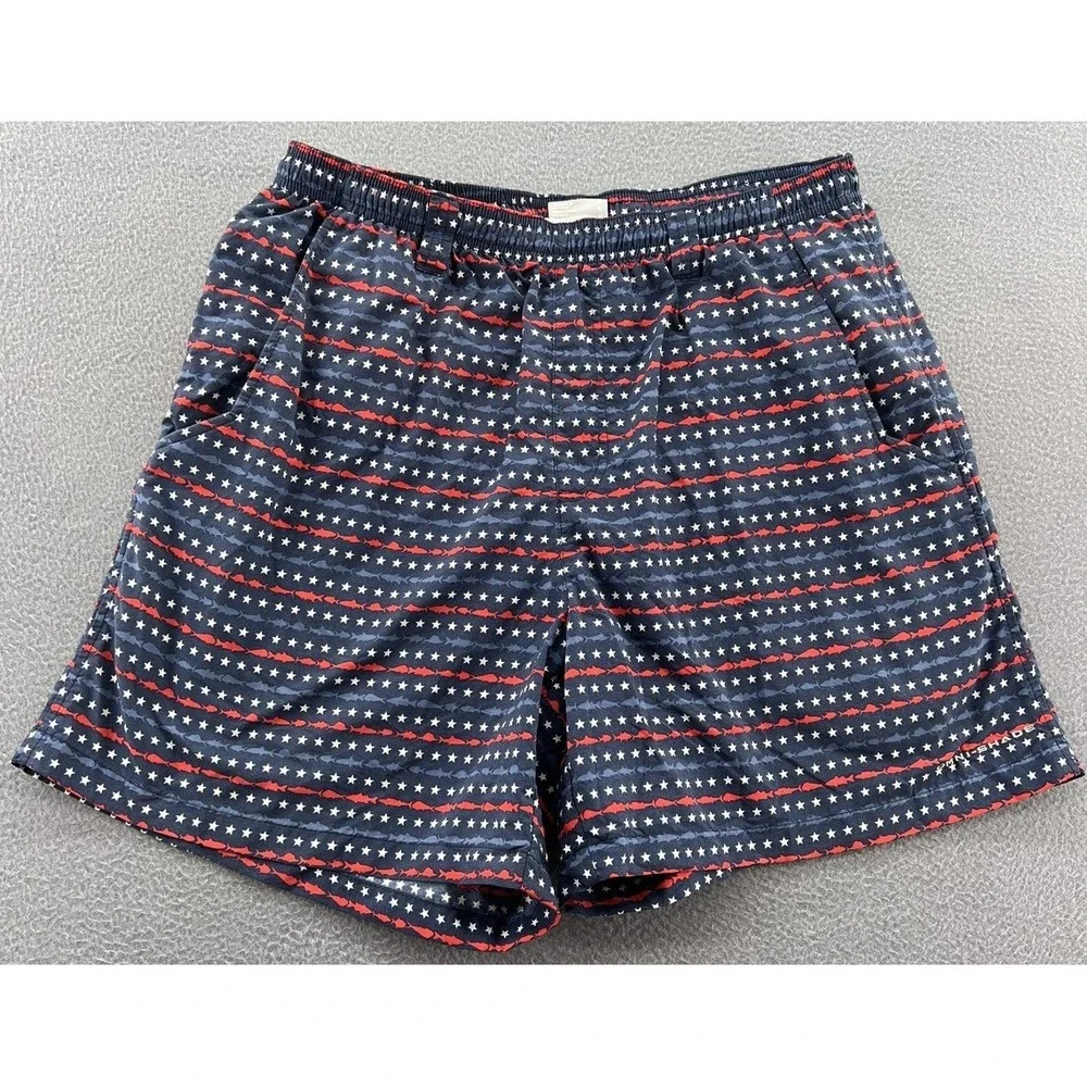 Columbia PFG Omni-Shade Swim Trunks Mens Sz M Navy Blue Stars Fish Americana 6in